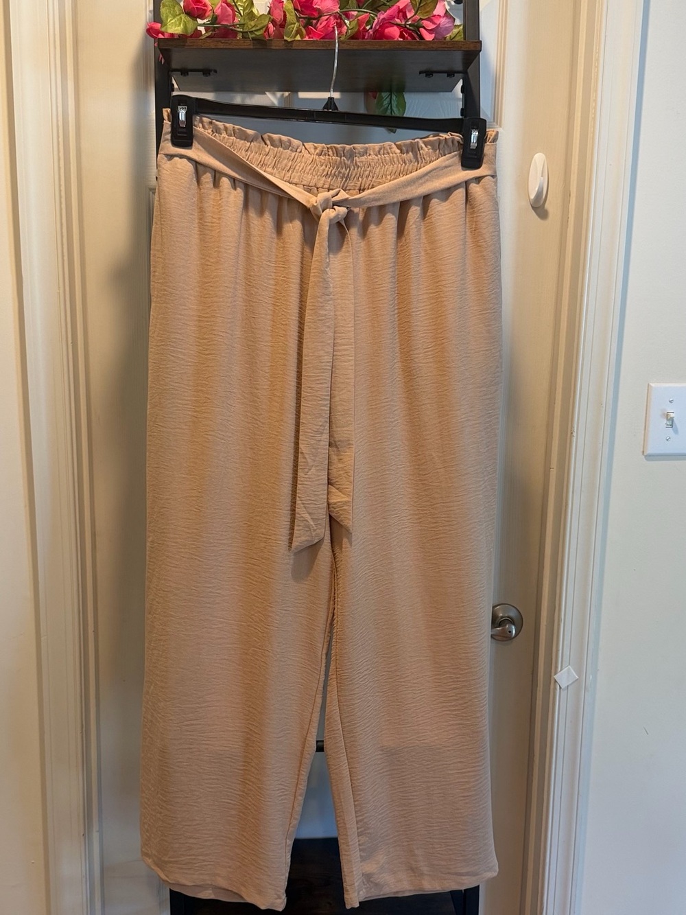 Beige Wide-Leg Plus Size Tie-Waist Pants Vacation Beach Pants Office Wear